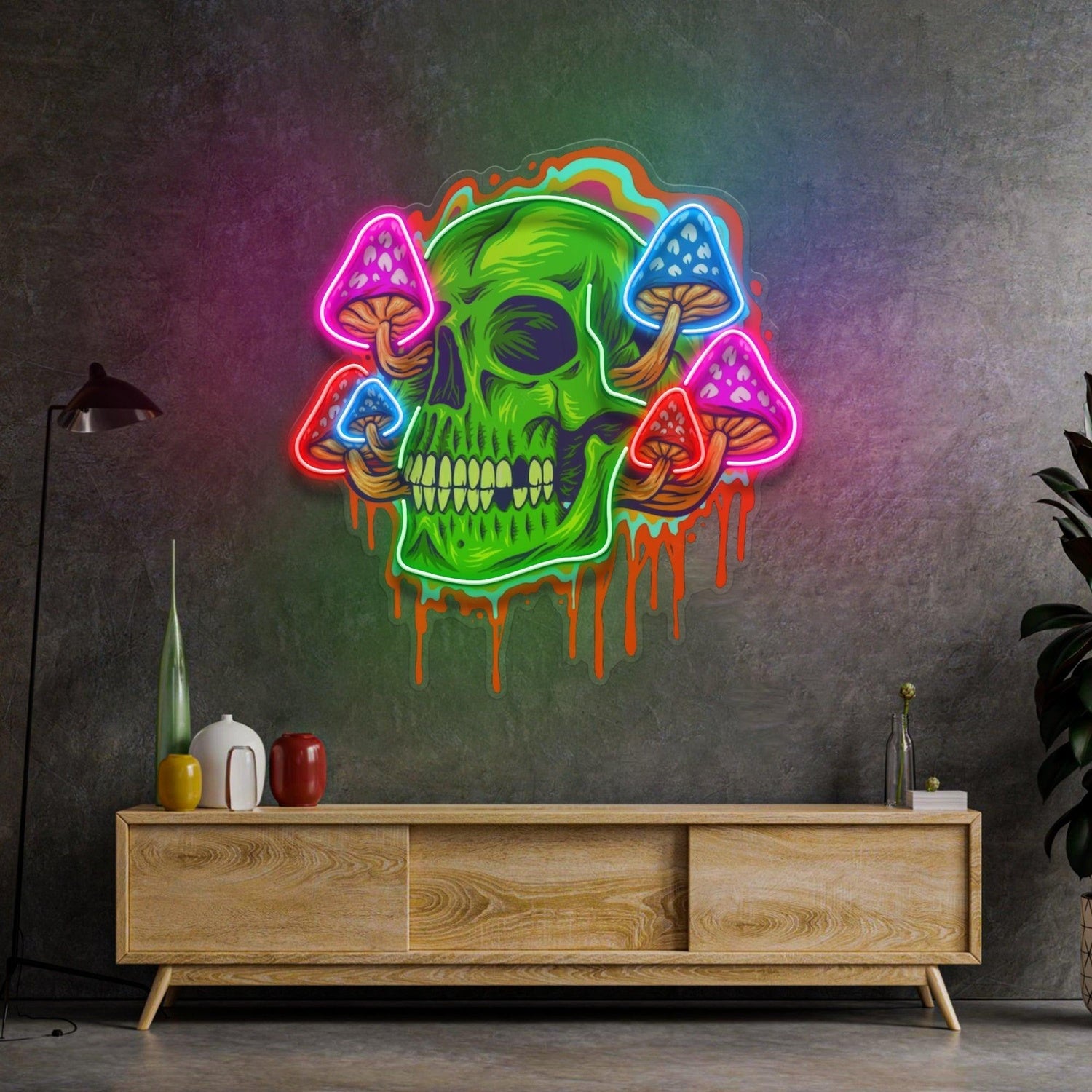 Psychedelic Green Skull Colorful Mushroom Uv Printed Led Neon Sign For Home Bar Decor | Shineneon
