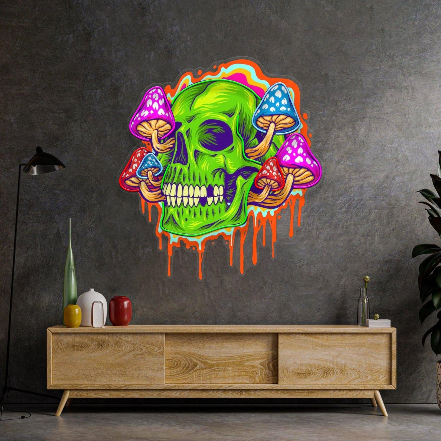 Psychedelic Green Skull Colorful Mushroom Uv Printed Led Neon Sign For Home Bar Decor | Shineneon