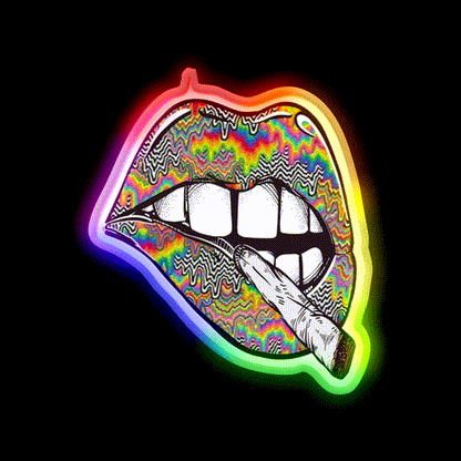 Psychedelic Lips Trippy Acid Joint Hemp Inspired Green Leaf Led Neon Sign Rgb Color - LED neon sign close-up detail