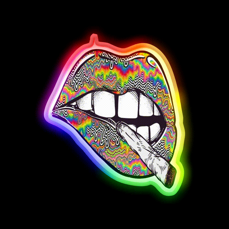 Psychedelic Lips Trippy Acid Joint Hemp Inspired Green Leaf Led Neon Sign Rgb Color - LED neon sign close-up detail