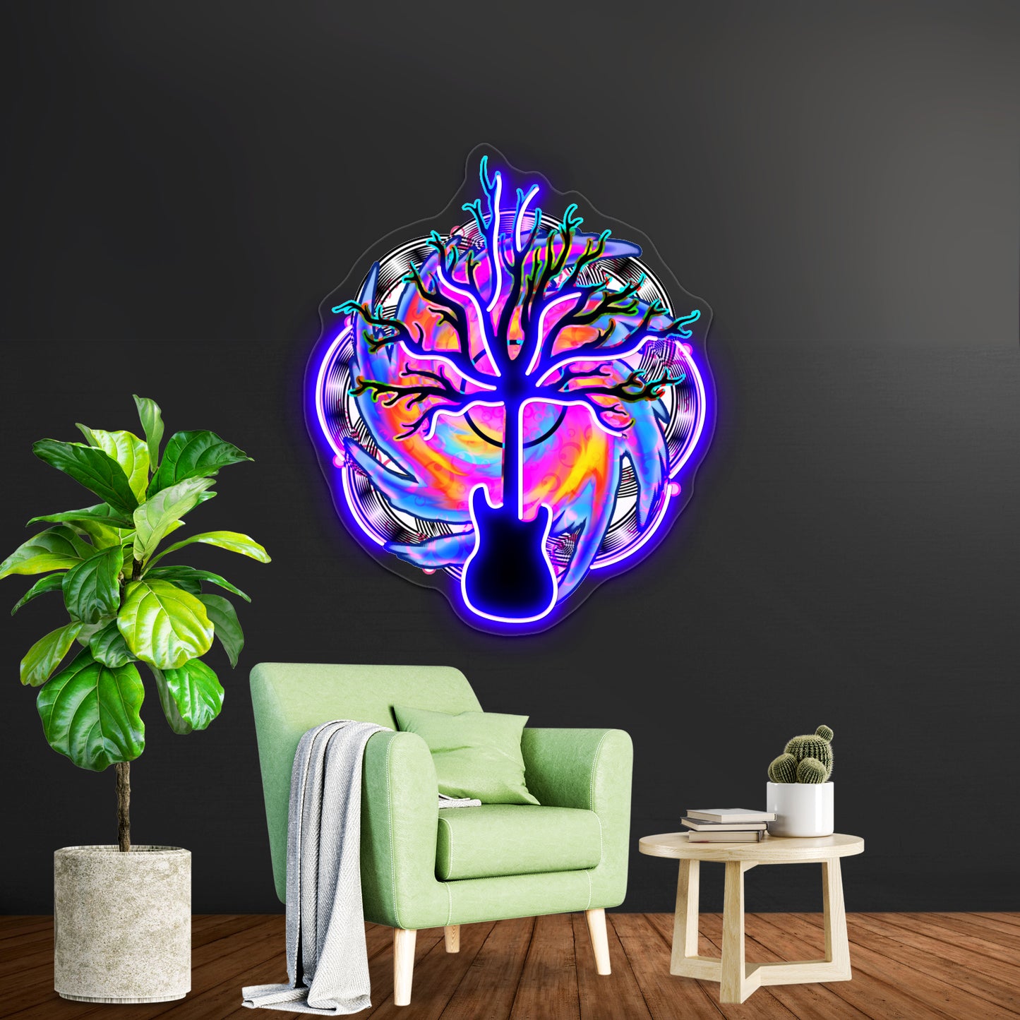 Psychedelic Sonic Cyclone Surreal Guitar Tree Art Wall Artwork Neon Signs