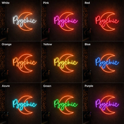 Psychic Moon LED Neon Sign day and night comparison