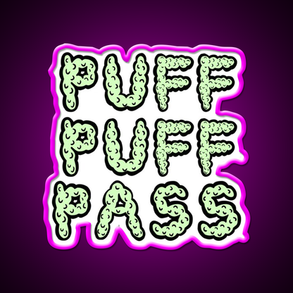 Puff Puff Pass Base Hemp Inspired Green Leaf Led Neon Sign Rgb Color - Neon sign mounted on wall in room