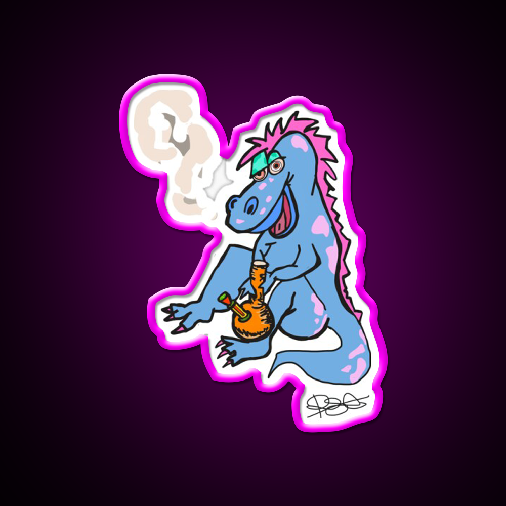 Puff The Dino Hemp Inspired Green Leaf Led Neon Sign Rgb Color - Neon sign mounted on wall in room
