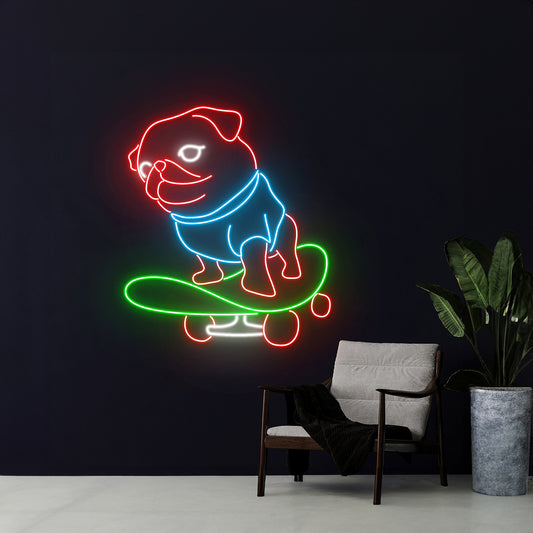 Pug Skateboarding Neon Sign