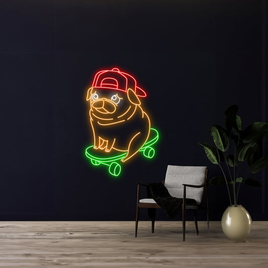 Pug Skateboarding Neon Sign Pug Dog Skateboarder Led Light