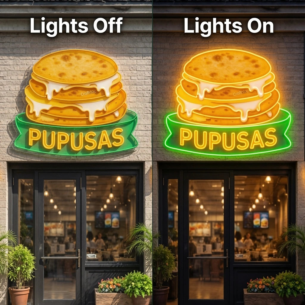 Pupusas Wall Decor LED Neon Sign - 06 Day Night Comparison