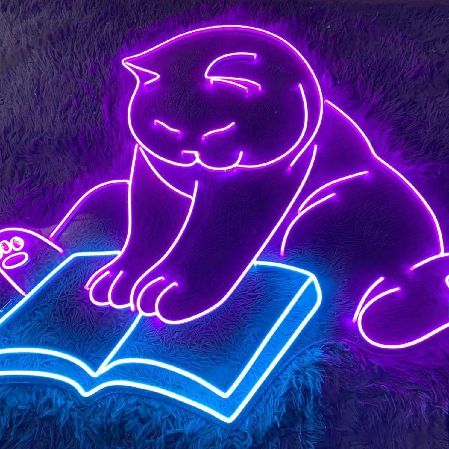 Purple Cat Reading Book Led Neon Sign For Home Cafe Decor | Shineneon