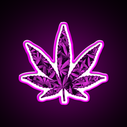 Purple Haze Hemp Inspired Green Leaf Led Neon Sign Rgb Color - Neon sign mounted on wall in room