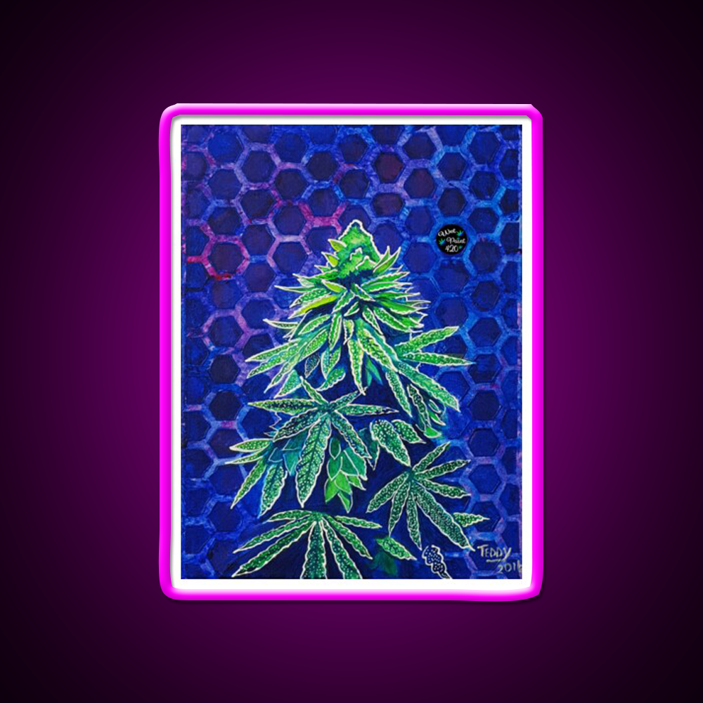Purple Kush Hemp Inspired Green Leaf Led Neon Sign Rgb Color - Neon sign mounted on wall in room