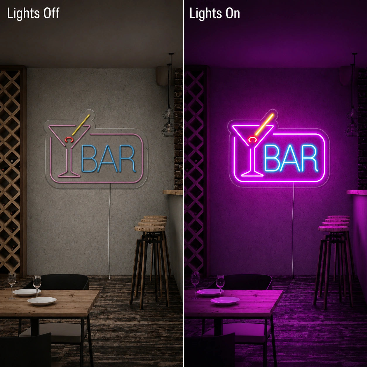 Purple Martini Bar Neon Sign LED Neon Sign day and night comparison