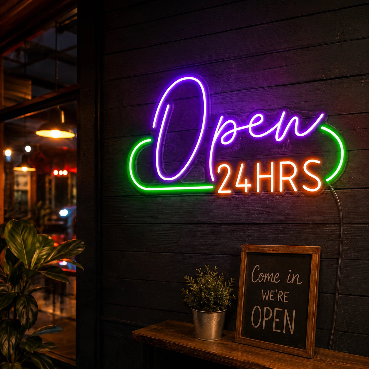 Purple Open 24 Hrs Neon Sign LED Neon Sign real lifestyle scene
