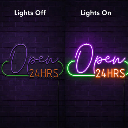Purple Open 24 Hrs Neon Sign LED Neon Sign day and night comparison