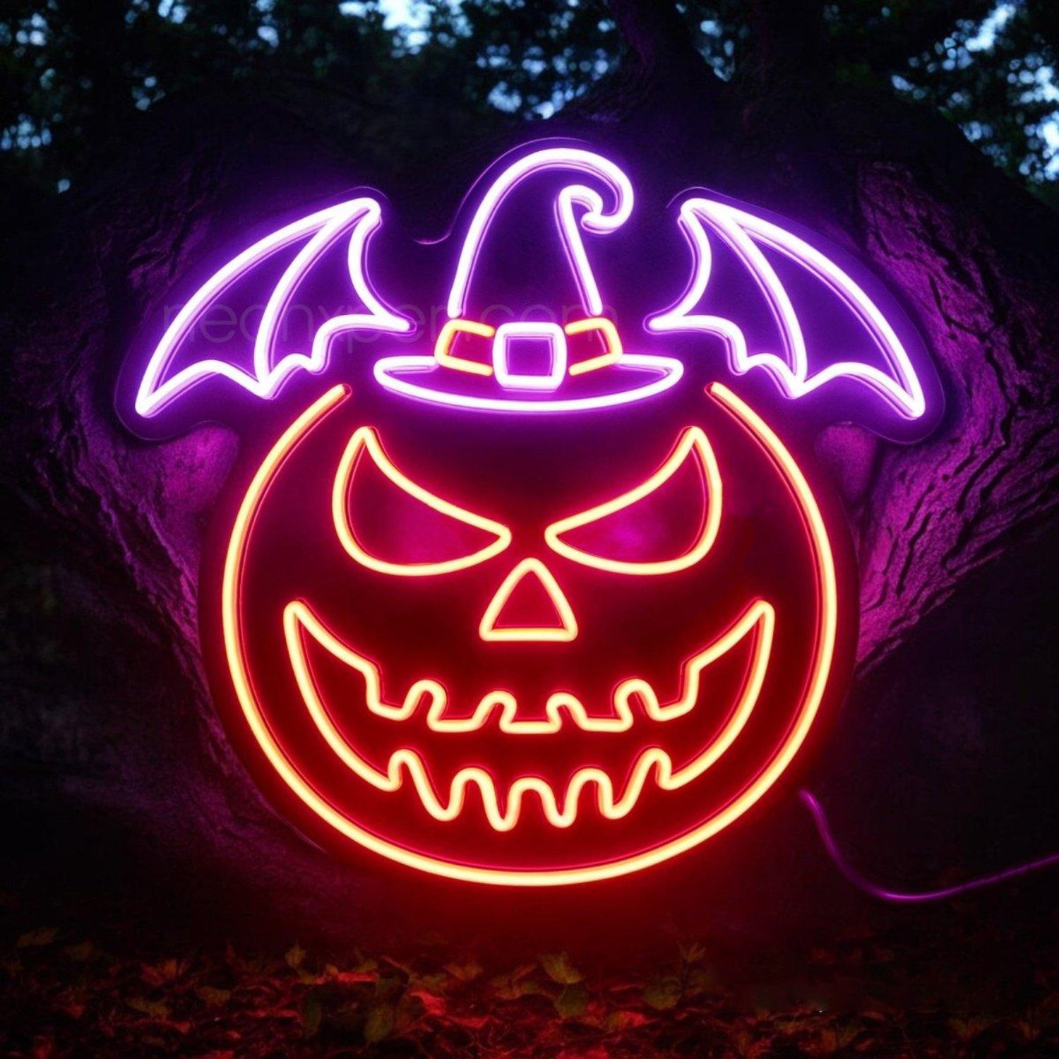 Purple-Orange Jack-O-Lantern Bat Witch Hat Led Neon Sign For Halloween Decor | Shineneon