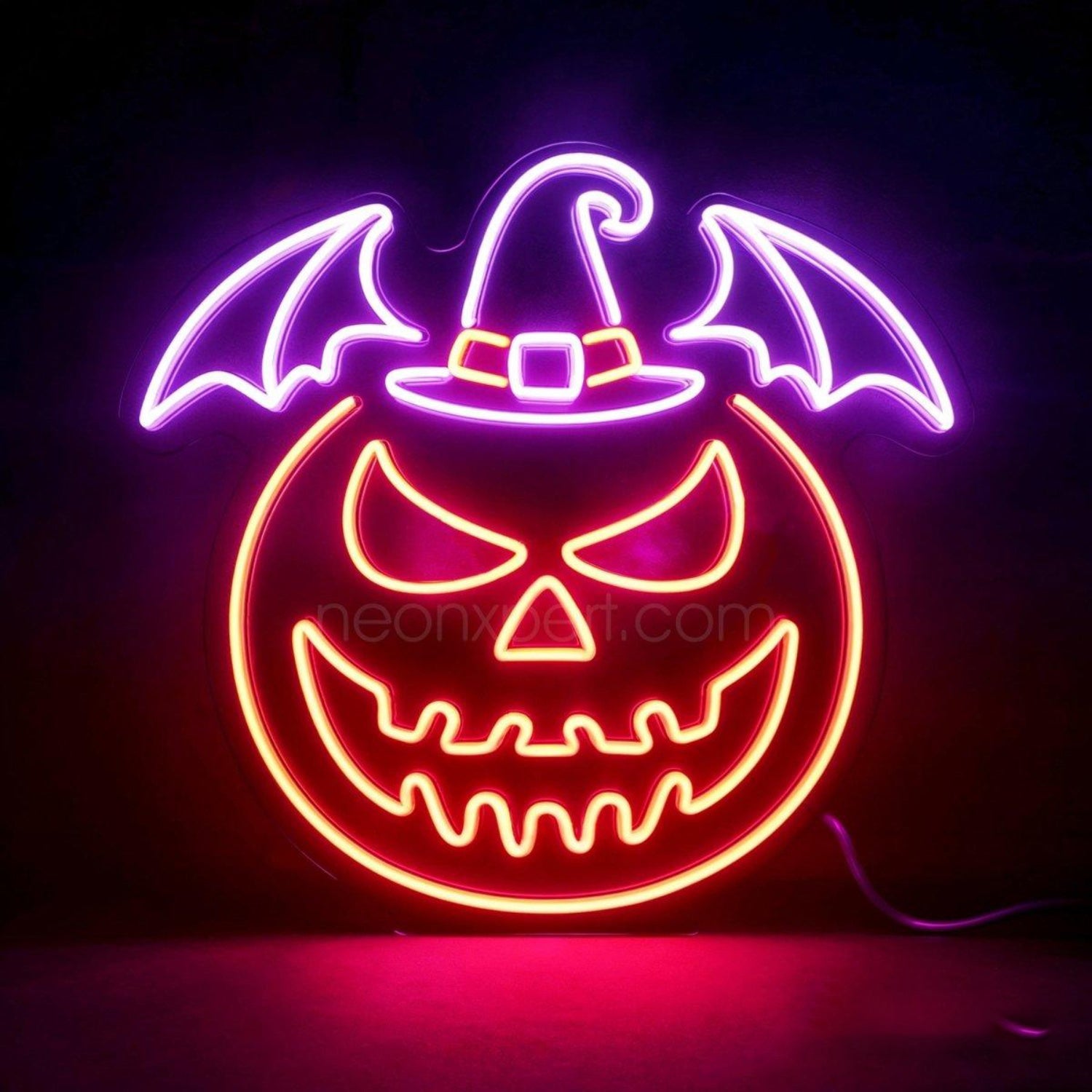 Purple-Orange Jack-O-Lantern Bat Witch Hat Led Neon Sign For Halloween Decor | Shineneon