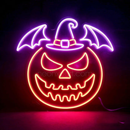 Purple-Orange Jack-O-Lantern Bat Witch Hat Led Neon Sign For Halloween Decor | Shineneon