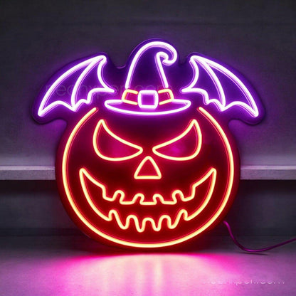 Purple-Orange Jack-O-Lantern Bat Witch Hat Led Neon Sign For Halloween Decor | Shineneon