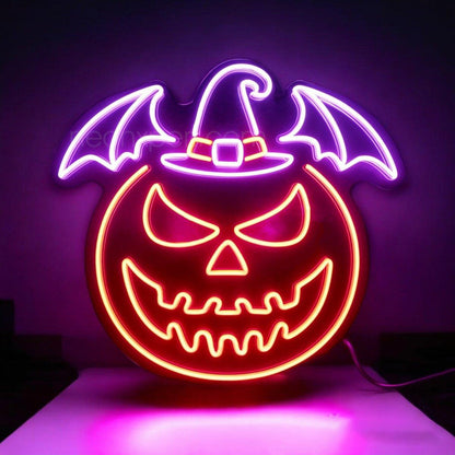 Purple-Orange Jack-O-Lantern Bat Witch Hat Led Neon Sign For Halloween Decor | Shineneon