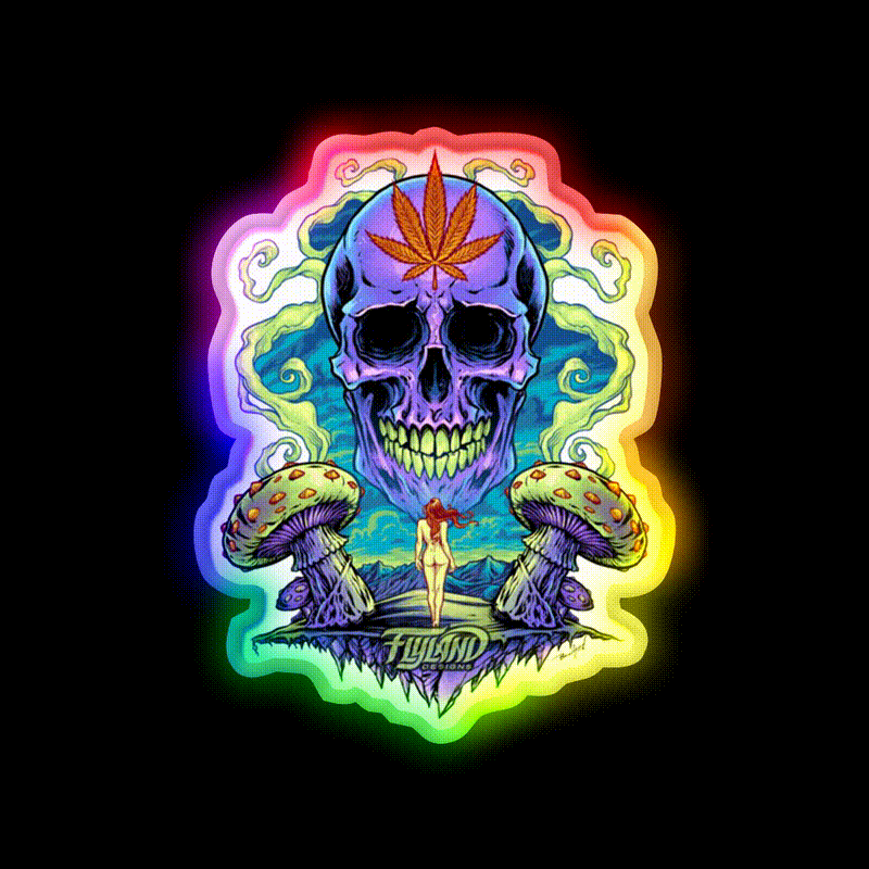 Purple Skull With Mushrooms Hemp Inspired Green Leaf Led Neon Sign Rgb Color - LED neon sign close-up detail