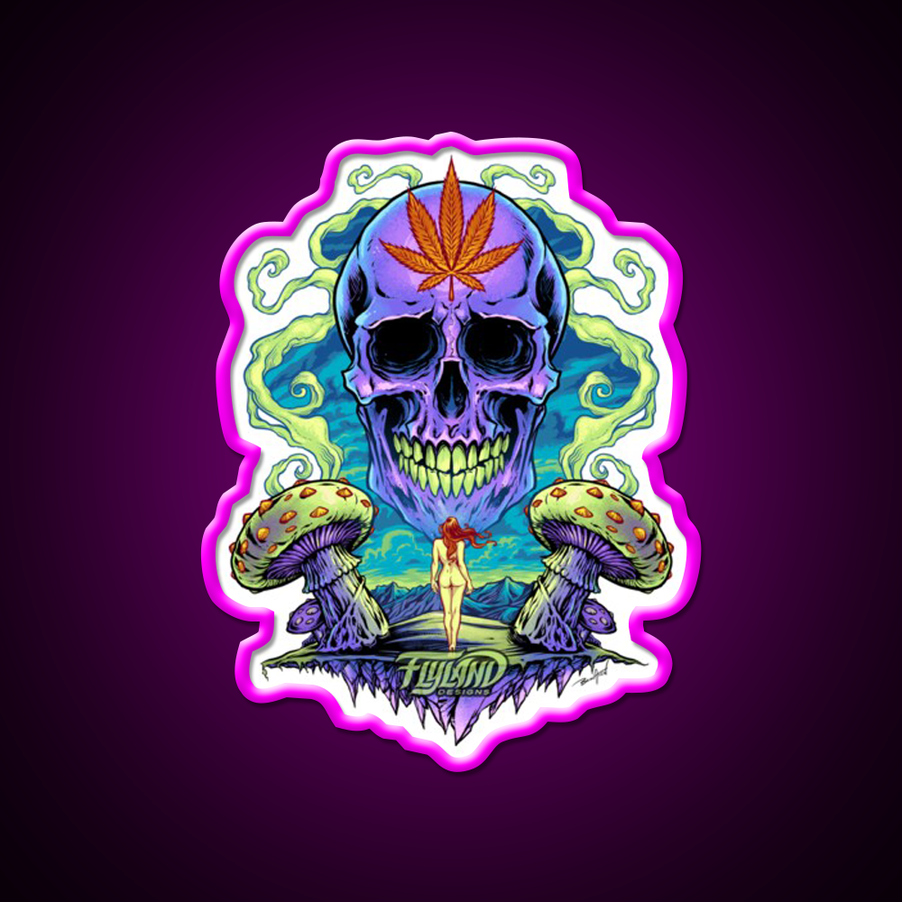 Purple Skull With Mushrooms Hemp Inspired Green Leaf Led Neon Sign Rgb Color - Neon sign mounted on wall in room