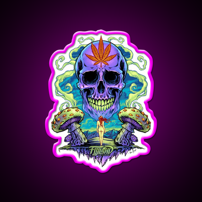 Purple Skull With Mushrooms Hemp Inspired Green Leaf Led Neon Sign Rgb Color - Neon sign mounted on wall in room