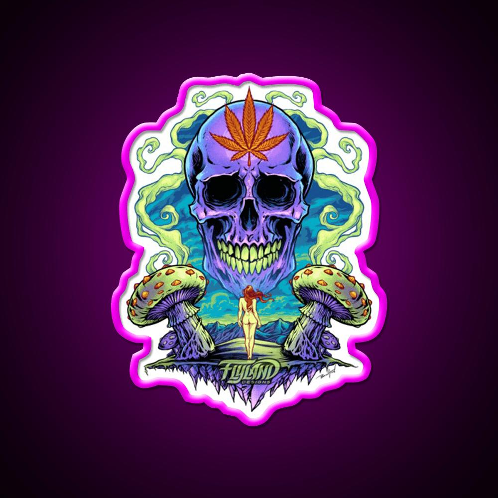 Purple Skull With Mushrooms Hemp Inspired Green Leaf Led Neon Sign Rgb Color - Shineneon