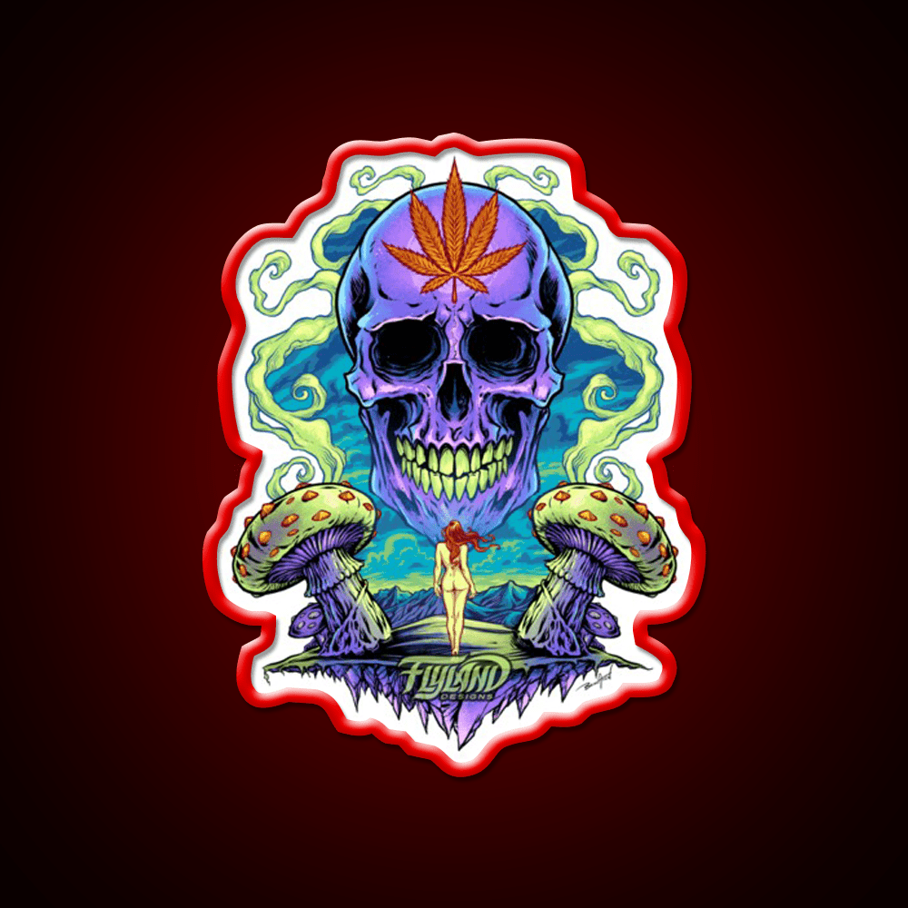 Purple Skull With Mushrooms Hemp Inspired Green Leaf Led Neon Sign Rgb Color - Shineneon