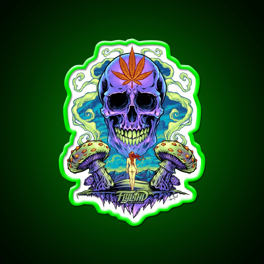 Purple Skull With Mushrooms Hemp Inspired Green Leaf Led Neon Sign Rgb Color - Shineneon