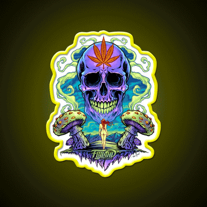 Purple Skull With Mushrooms Hemp Inspired Green Leaf Led Neon Sign Rgb Color - Custom LED neon sign front view