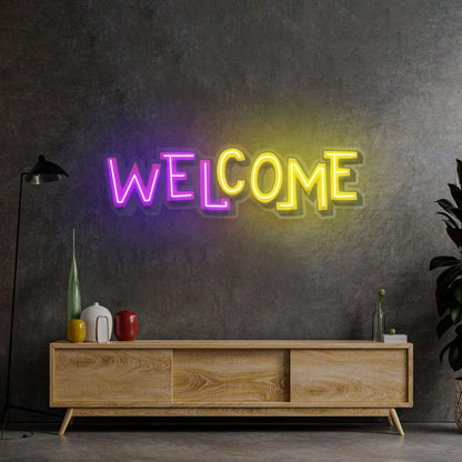 Purple-Yellow Alternating Welcome Uv Printed Led Neon Sign For Home Cafe Decor | Shineneon
