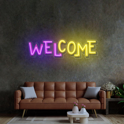 Purple-Yellow Gradient Welcome Uv Printed Led Neon Sign For Indoor Entry Decor | Shineneon