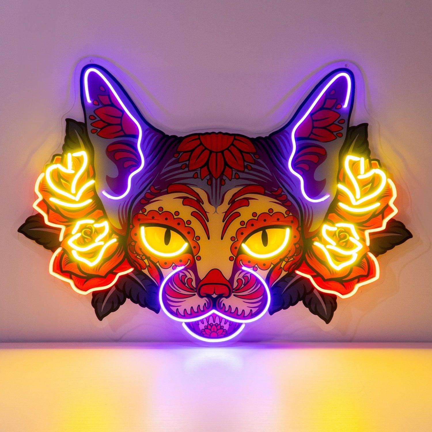 Purple Yellow Red Mexican Sugar Skull Cat Uv Printed Led Neon Sign For Home Bar Cafe Decor | Shineneon
