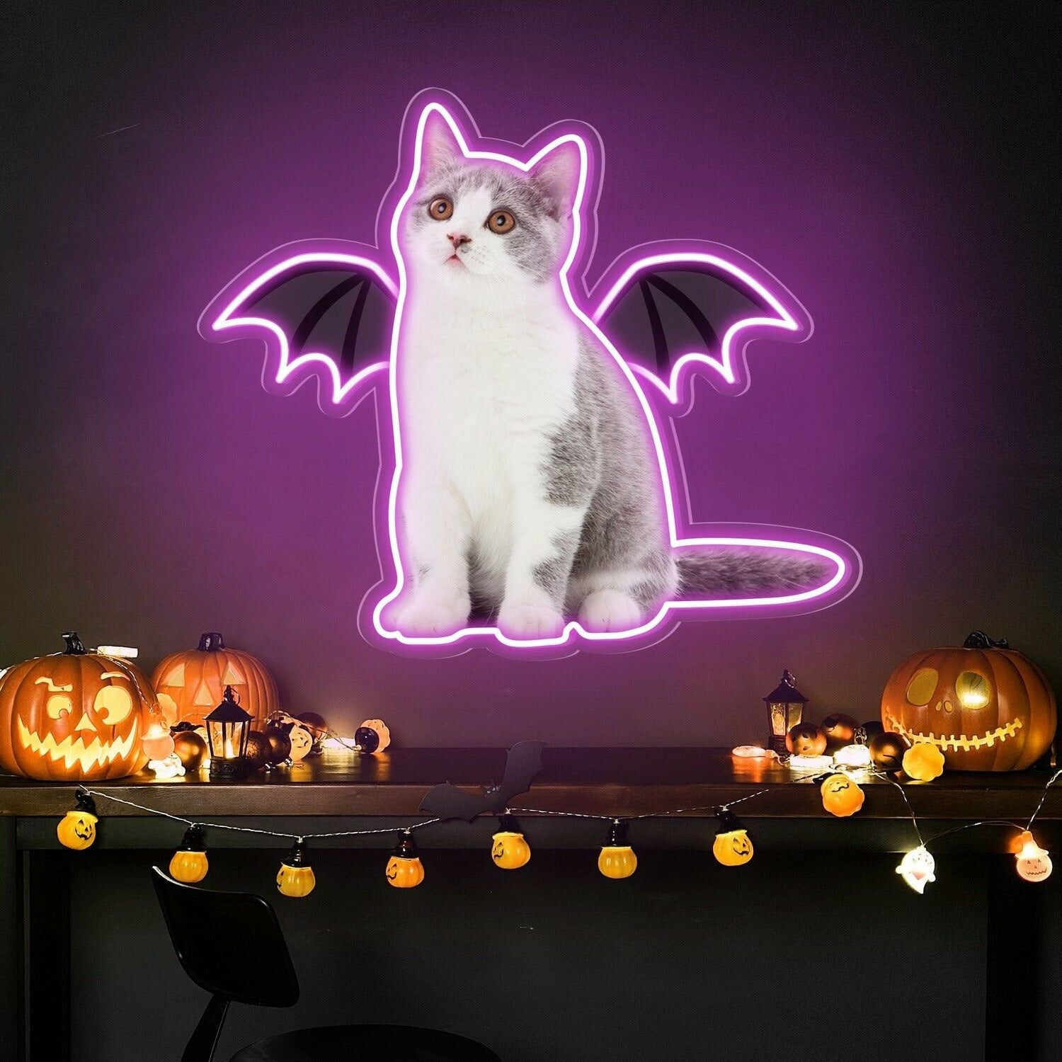Purr-Fect Glow To Your Neon Cat Portrait Wings Personalized Uv Led Neon Sign | Shineneon