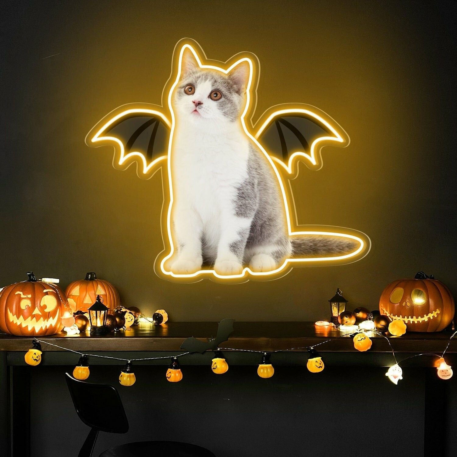 Purr - Fect Glow To Your Neon Cat Portrait Wings Personalized Uv Led Neon Sign - Shineneon