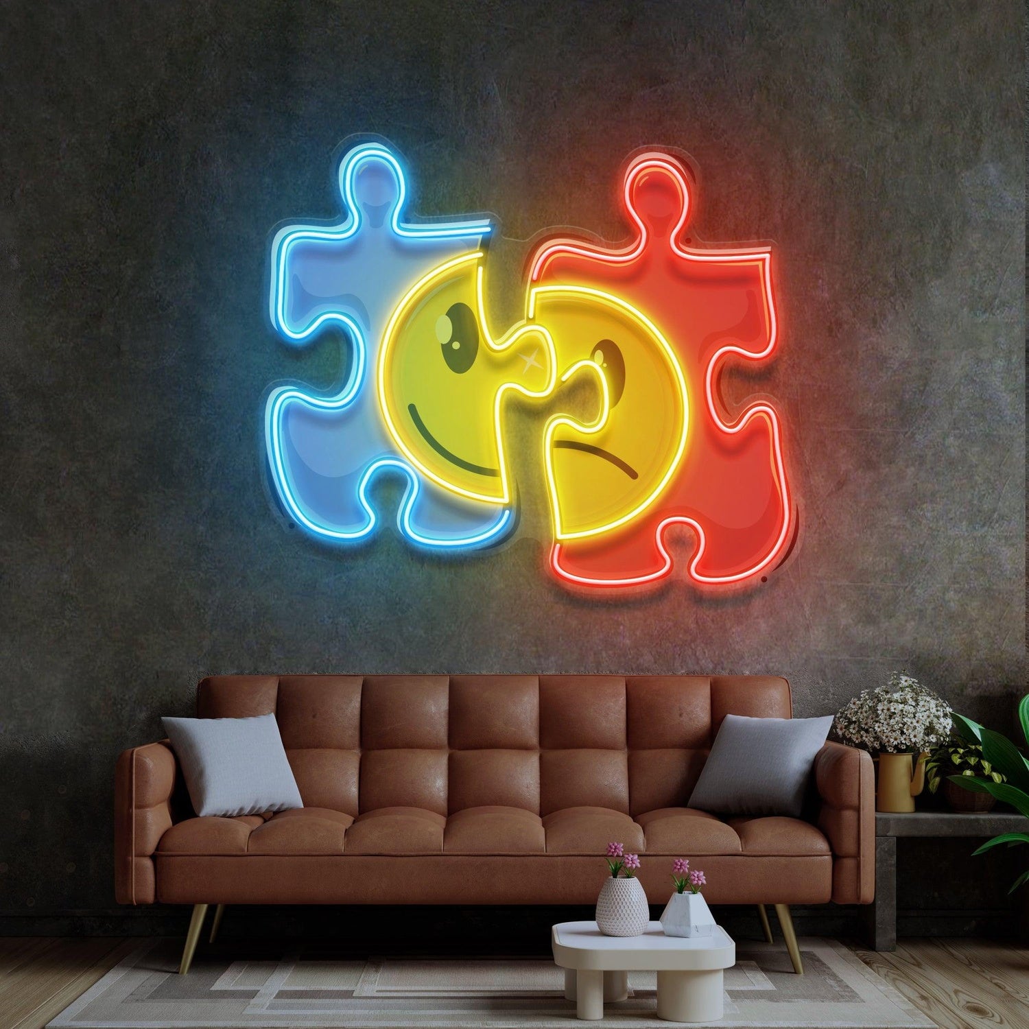 Puzzle Smile-Cry Contrast Uv Printed Led Neon Sign For Home Studio Decor | Shineneon
