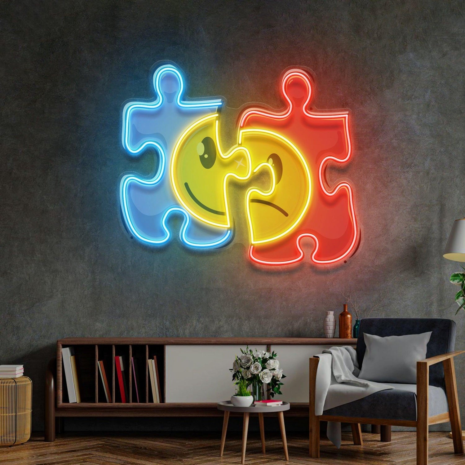 Puzzle Smile-Cry Contrast Uv Printed Led Neon Sign For Home Studio Decor | Shineneon