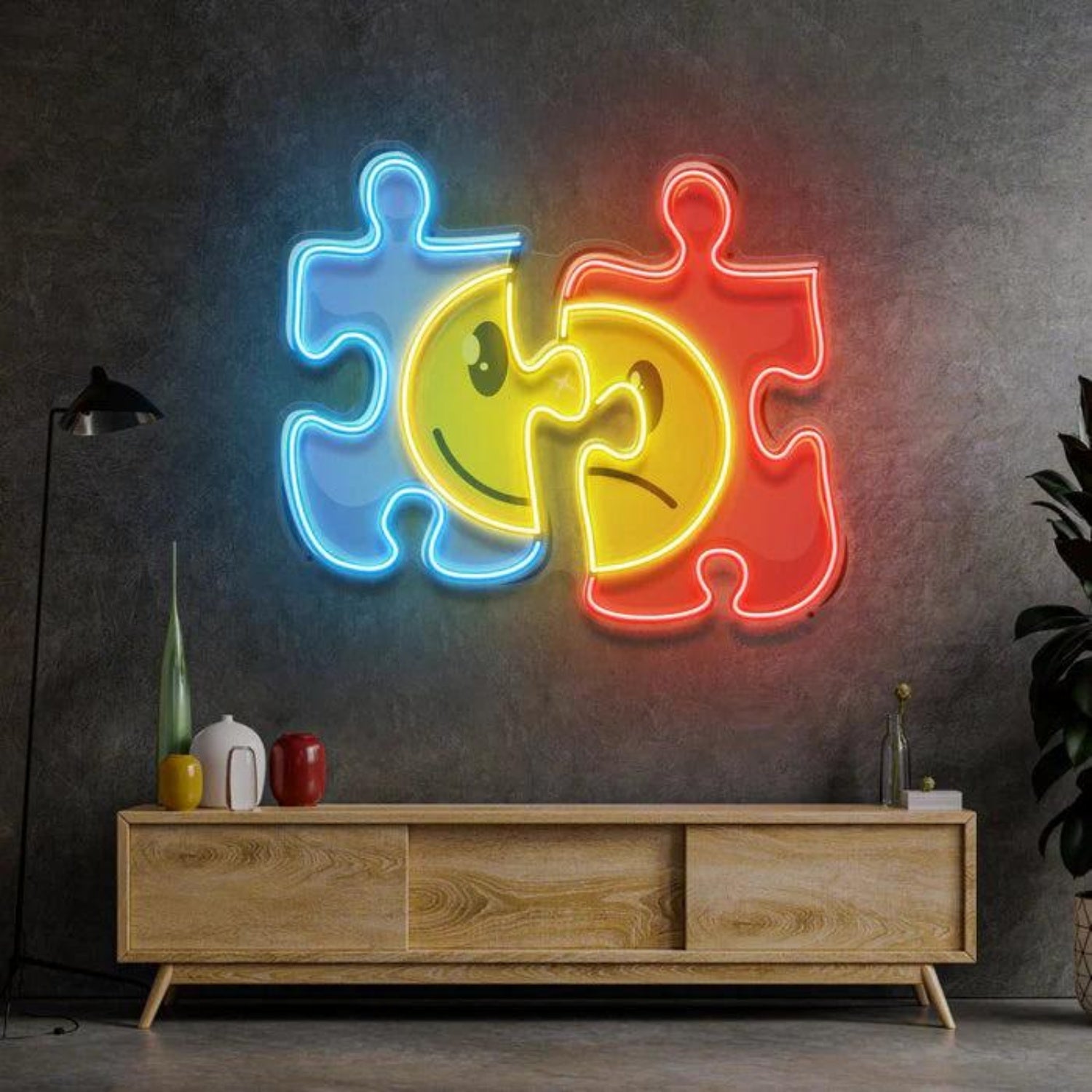 Puzzle Smiley Face Tri-Color Led Neon Sign For Modern Home Decor | Shineneon