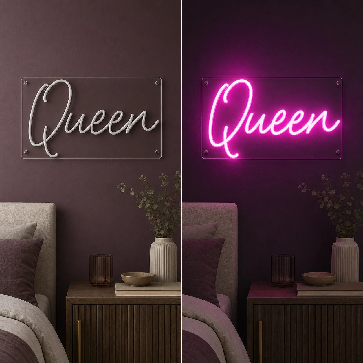 Queen LED Neon Sign Garage Man Cave Neon Sign day and night comparison