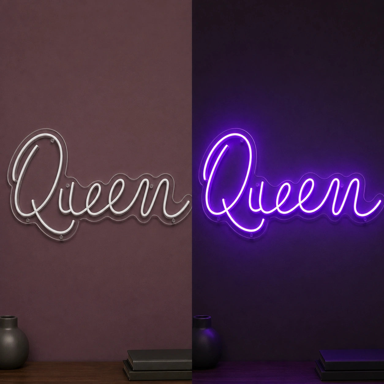 Queen Wall Art LED Neon Sign Garage Man Cave Neon Sign day and night comparison