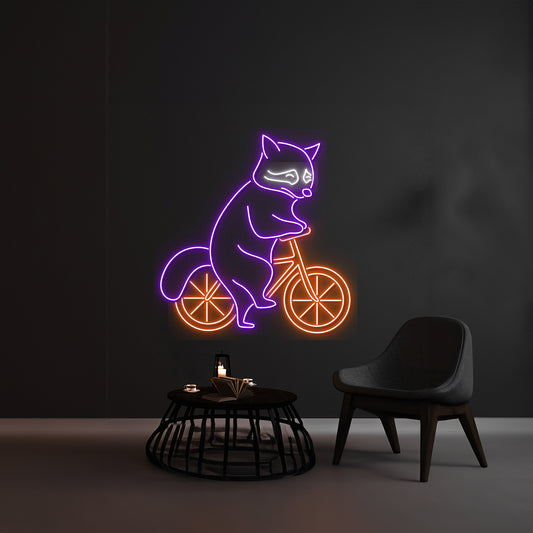 Raccoon Riding Bicycle Neon Sign