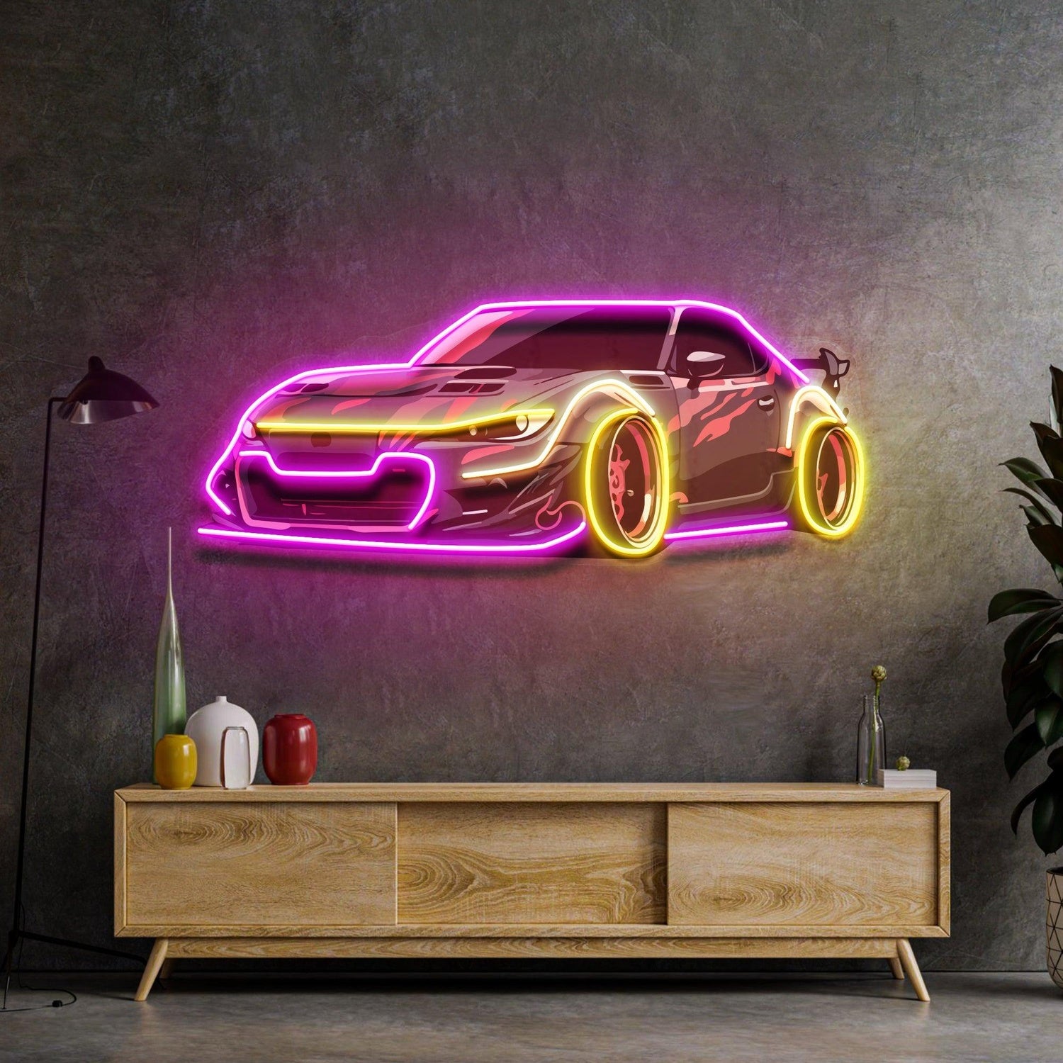 Race Drift Car Uv Printed Led Neon Sign Purple-Yellow Wall Art For Home Garage Studio | Shineneon