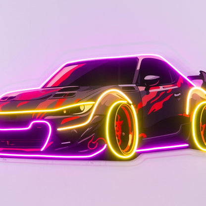 Race Drift Car Uv Printed Led Neon Sign Purple-Yellow Wall Art For Home Garage Studio | Shineneon