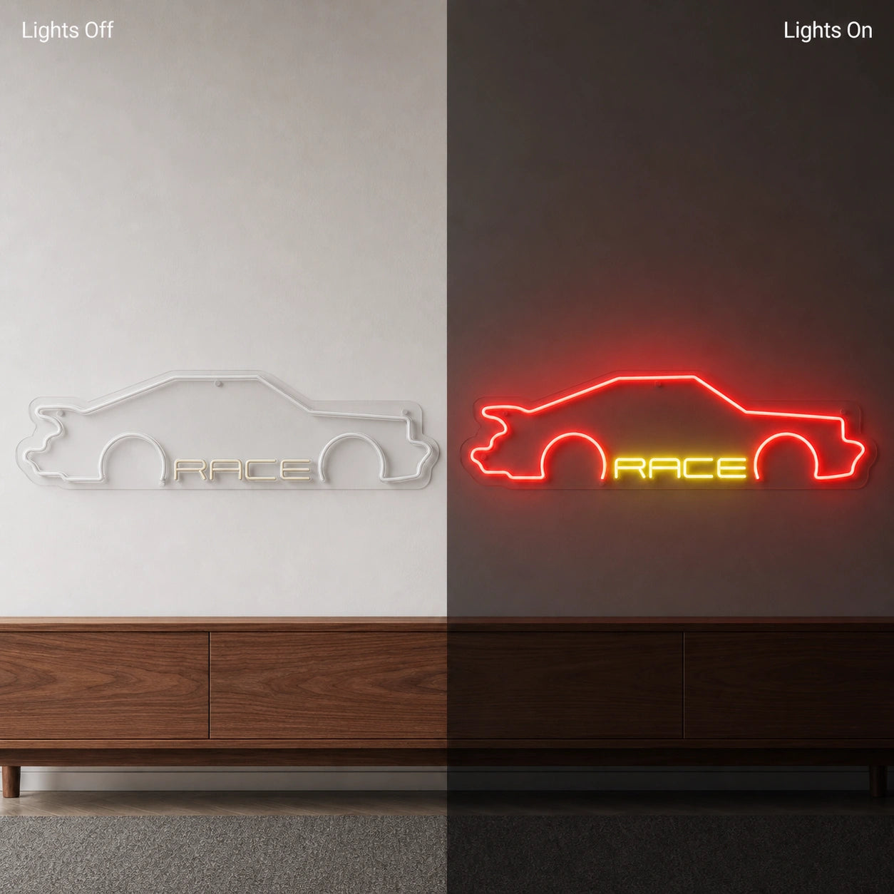 Race Sports Car LED Neon Sign Garage Man Cave Neon Sign day and night comparison