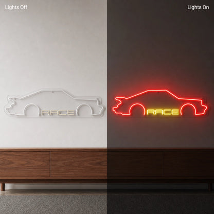 Race Sports Car LED Neon Sign Garage Man Cave Neon Sign day and night comparison