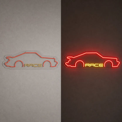 Race Sports Car Vintage LED Neon Sign day and night comparison