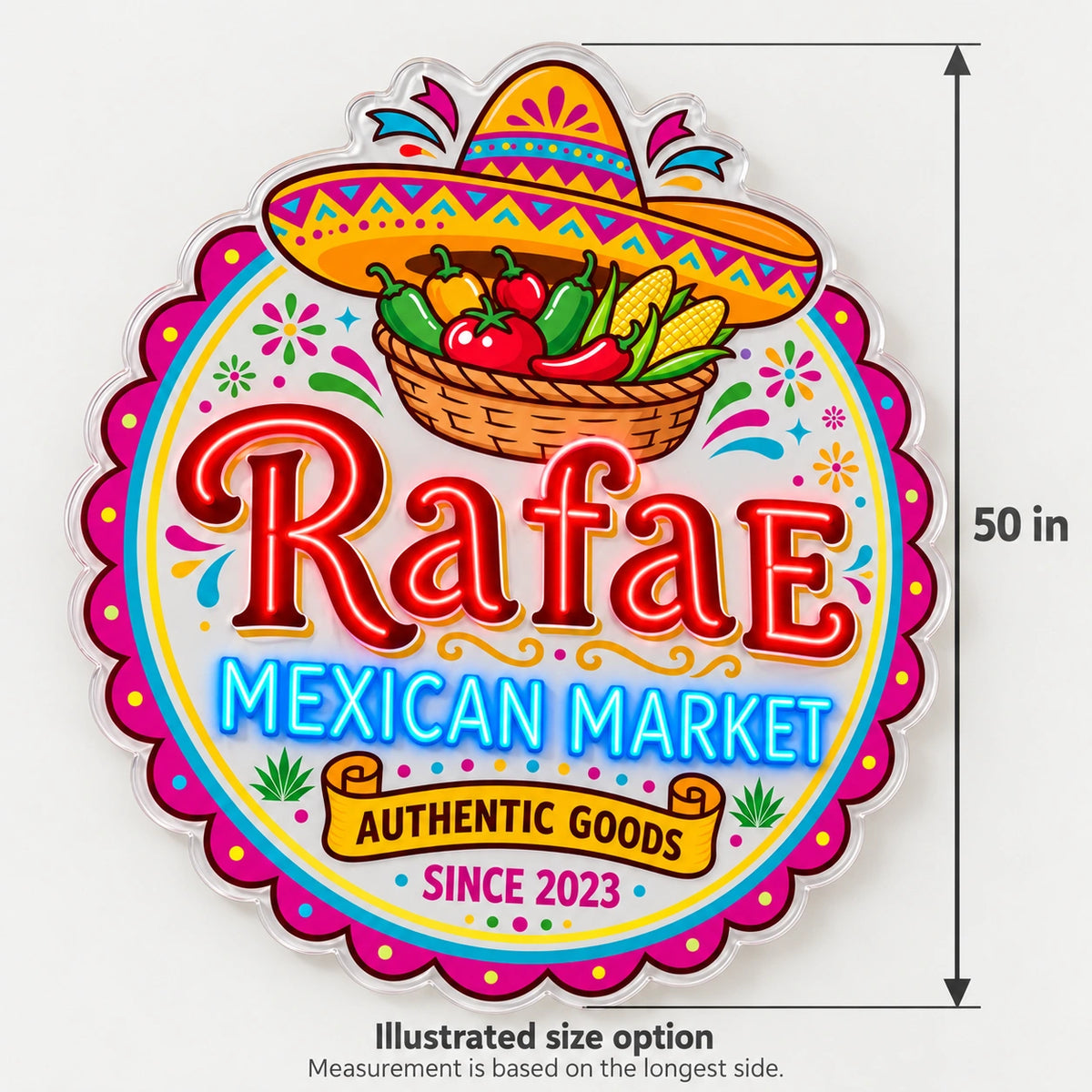 Rafa'S Mexican Market Custom LED Neon Sign Waterproof | 5c630b1a9fb5491739b76c96a855239b164ee53aaac2fd54635cc66007a5691b | dimensions