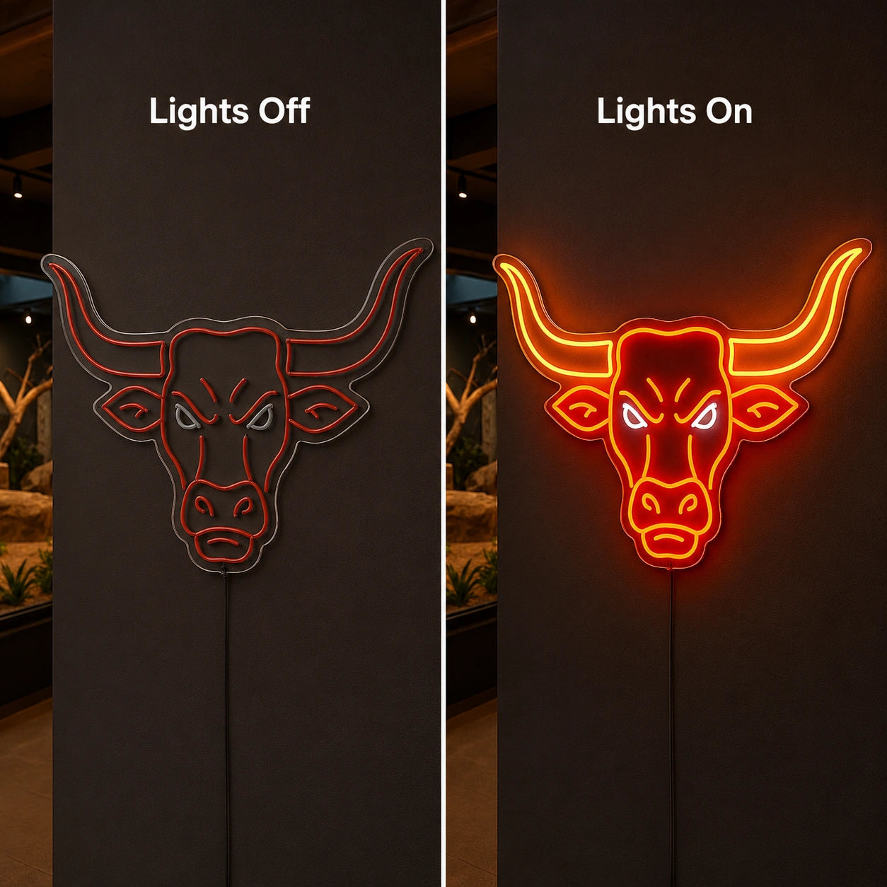 Raging Bull Head Neon Sign LED Neon Sign day and night comparison
