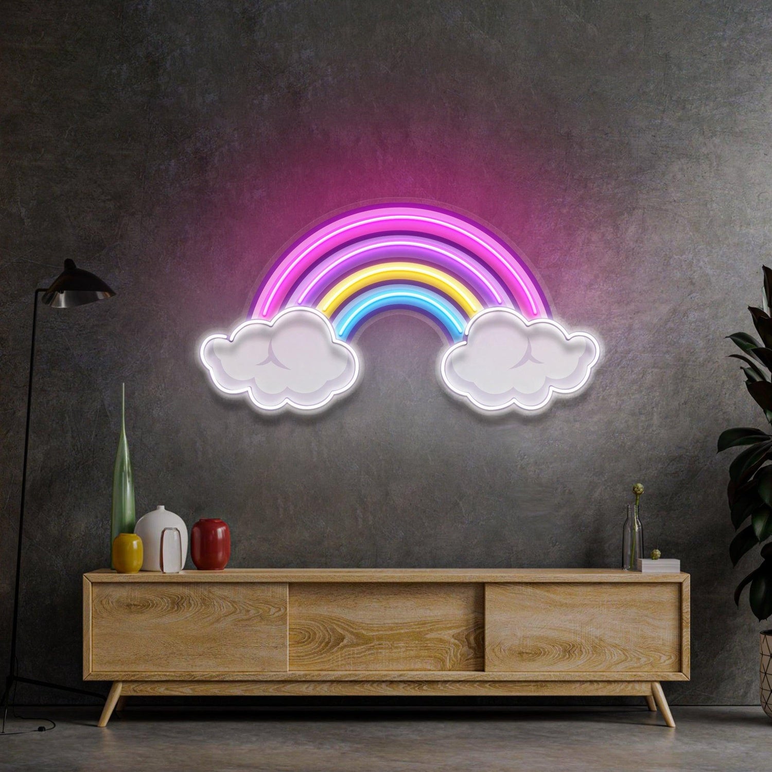 Rainbow Floating On Clouds Uv Printed Led Neon Sign For Whimsical Home Wall Decor | Shineneon