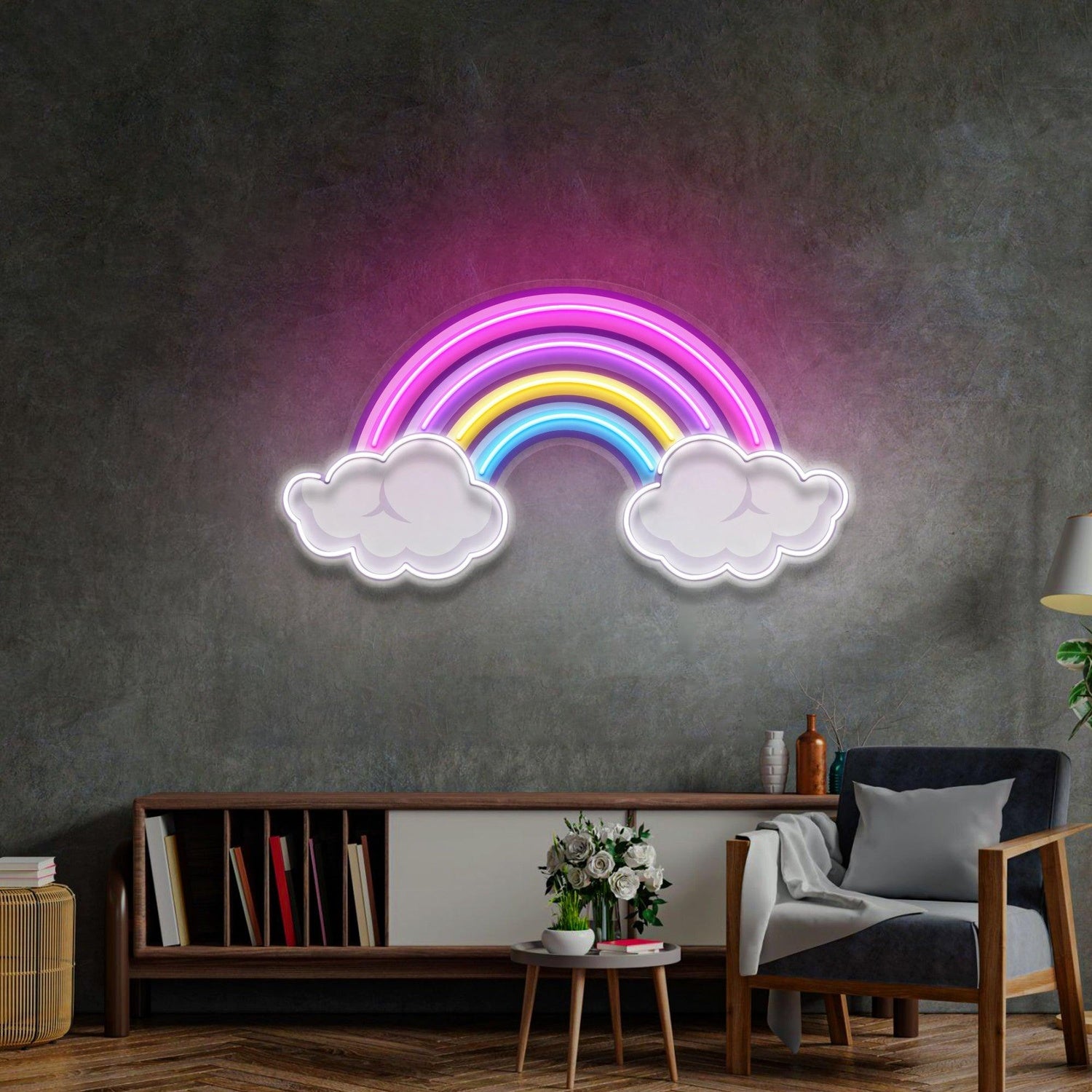 Rainbow Floating On Clouds Uv Printed Led Neon Sign For Whimsical Home Wall Decor | Shineneon