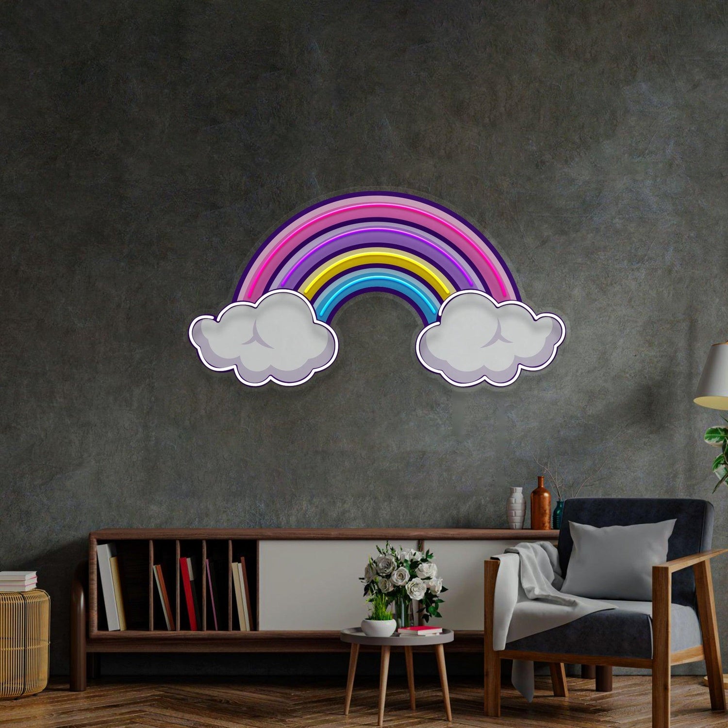 Rainbow Floating On Clouds Uv Printed Led Neon Sign For Whimsical Home Wall Decor | Shineneon